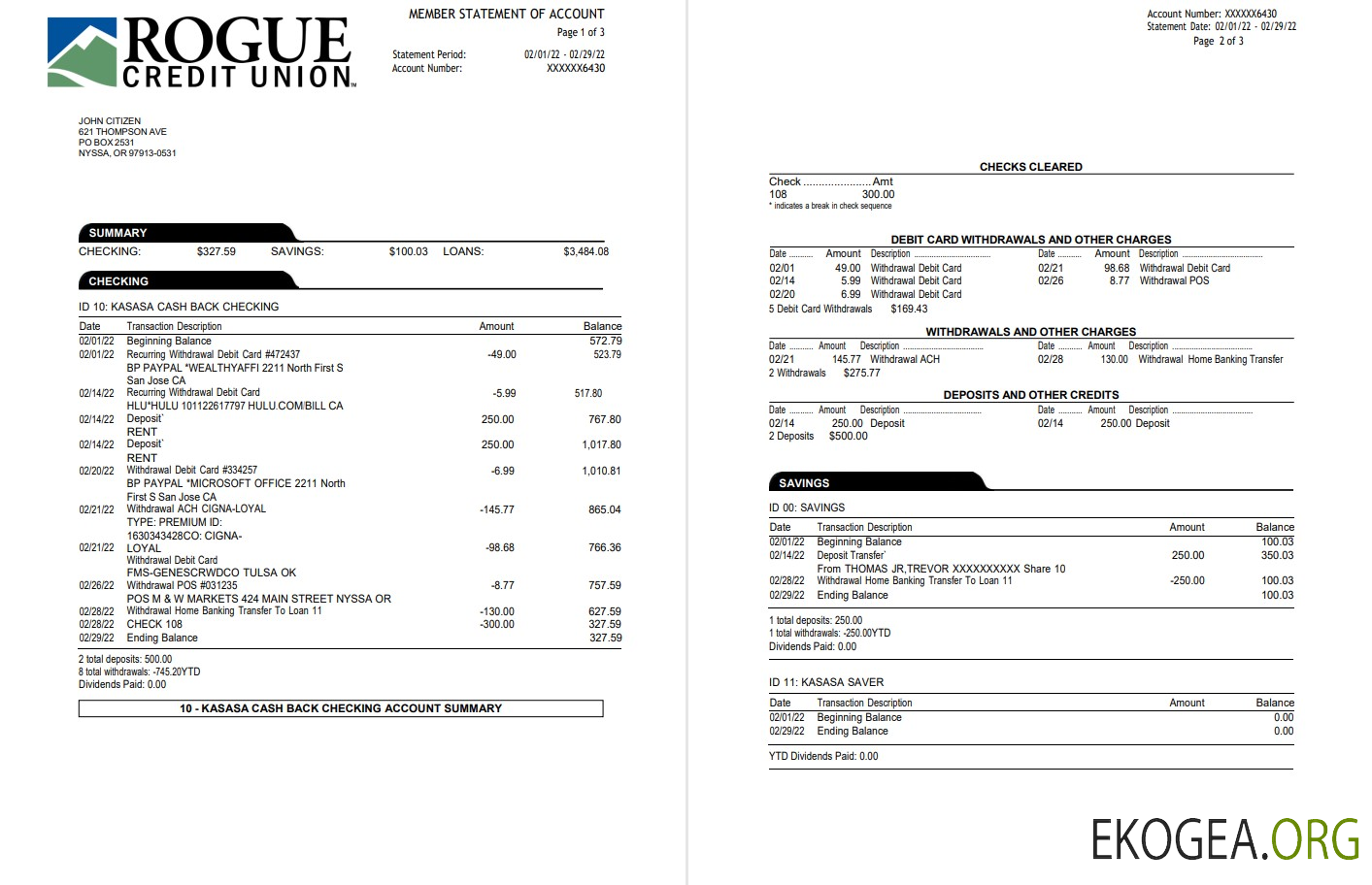 USA Oregon Relevé bancaire Rogue 3 pages